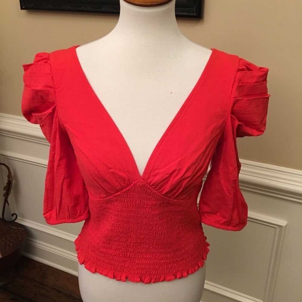 Free People Pleated Puff Sleeve Smocked Top Sz M